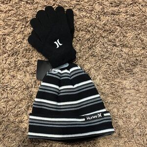 Hurley Black and Gray Striped Beanie and Gloves